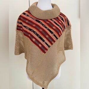 PONCHO Crochet Cowl Neck Southwestern Style Knit Short Boho Western Neutral